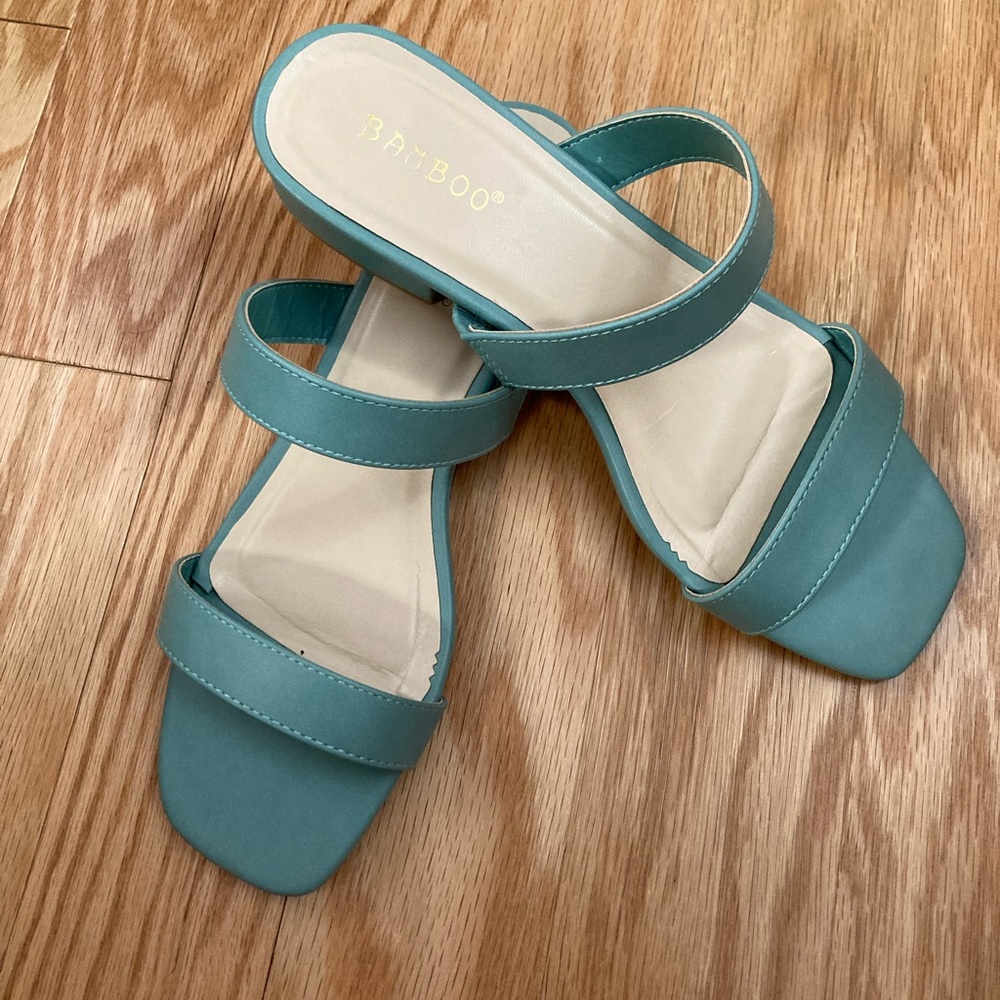 Blue Low Chunky Heel Sandal